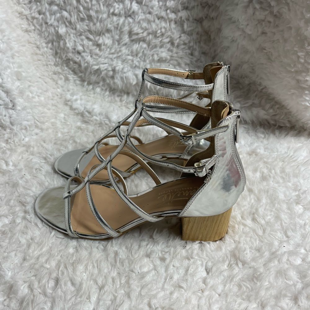 Nanette Lepore metallic silver T ankle straps sandals back zipper block 2” heels